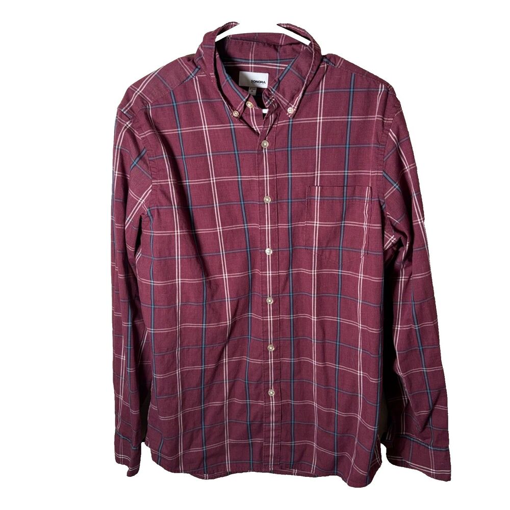 Sonoma Shirt Men's Medium Maroon Plaid Button Down Long Sleeve Casual